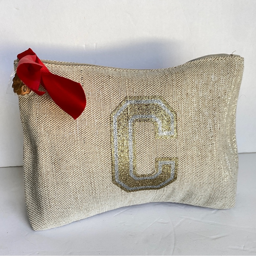 Clarins Cosmetics Bag Monogram Zipper Beige Canvas Shimmer Gold Silver C Travel
